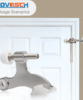 KOVOSCH hinge pin door stop, brushed satin nickel, 2-pack with white rubber bumper tips, installed on door hinge