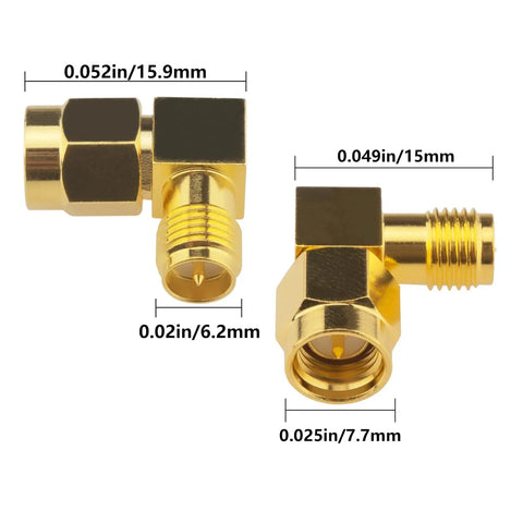 Dope Upgraded SMA Right Angle Connector 90 Degree Adapter Twin Pack, gold-plated, with measurements for FPV Drones and LAN Gear