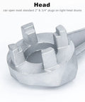 Close-up of head on Lightweight Aluminum Drum Wrench For Gallon Drums Opens Two Inch And Three Quarter Inch Bung Caps On Ten To Fifty Five Gallon Barrels One Piece Cast Aluminum Non Sparking Rust Resistant Drum Opener For Home Shop Or Farm.