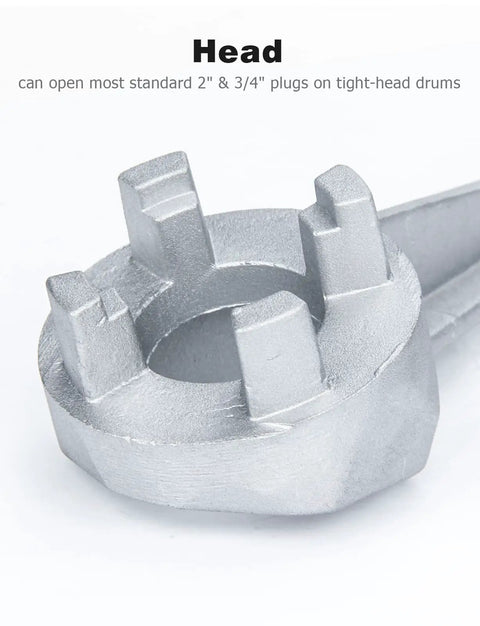 Close-up of head on Lightweight Aluminum Drum Wrench For Gallon Drums Opens Two Inch And Three Quarter Inch Bung Caps On Ten To Fifty Five Gallon Barrels One Piece Cast Aluminum Non Sparking Rust Resistant Drum Opener For Home Shop Or Farm.
