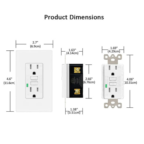 Product dimensions of GFCI 15 Amp Weather Resistant Outlet Receptacle With LED Indicator Decorative Wall Plates Screws Included ETL Certified White