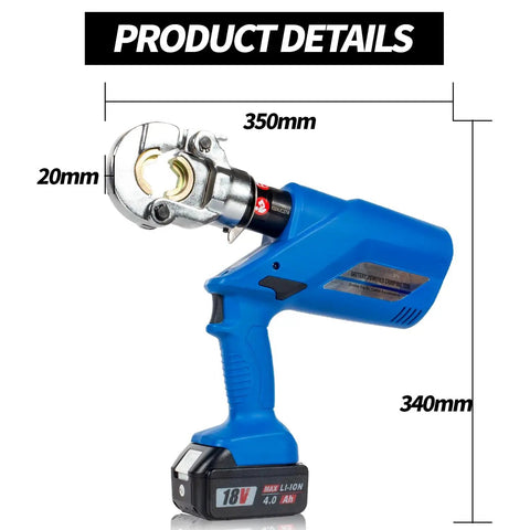 Badass 6 Ton Electric Hydraulic Crimping Pliers With 12 Universal Dies For Cable Lugs And Wire Terminations Delivers Knockout Force With Copper Motor And No Sweat Cooling Operation, showing precise dimensions and design.