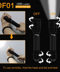DF01 Scuba Diving Light 1500 Lumen Underwater Torch showing on and off functions, held in hand, 9 Degree Narrow Beam