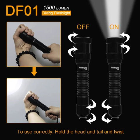 DF01 Scuba Diving Light 1500 Lumen Underwater Torch showing on and off functions, held in hand, 9 Degree Narrow Beam