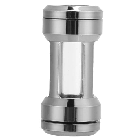 Top Notch Inline G1/4 Thread PC Water Cooling Filter With Heavy Duty Brass Build And Clear Viewing Port Plus 50mm Precision Mesh Strainer, showing side view.