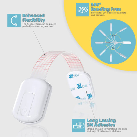 14 Pack Baby Proof Cabinet Latches With Extra 3M Adhesives showing adjustable strap, 3M adhesive, and 360° bending flexibility.