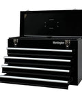 Workhorse Portable Metal Tool Chest With Four Drawers, 20 Inch Steel Tool Storage Box, open showing drawers and top handle.