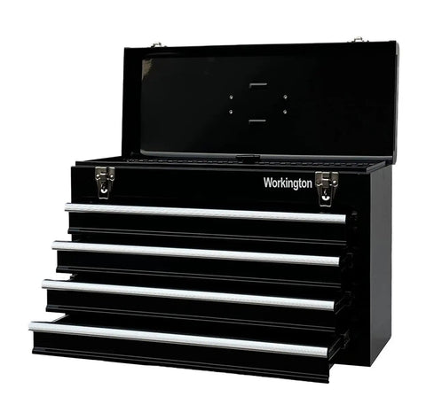 Workhorse Portable Metal Tool Chest With Four Drawers, 20 Inch Steel Tool Storage Box, open showing drawers and top handle.