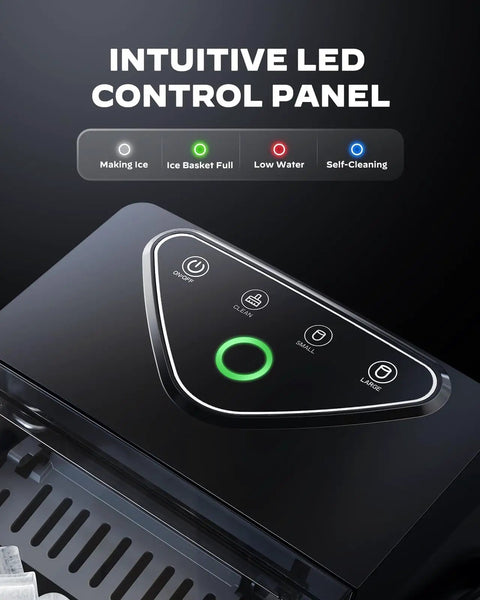 Intuitive LED control panel on Countertop Ice Maker With Spring Loaded Expanding Ice Basket Holds 2.5L Of Ice And Up To 9 Cups