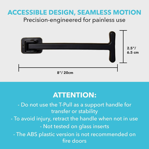 Accessible TPull Door Closer With Easy Grip Swiveling Handle in black plastic, dimensions 8 inches x 2.5 inches.
