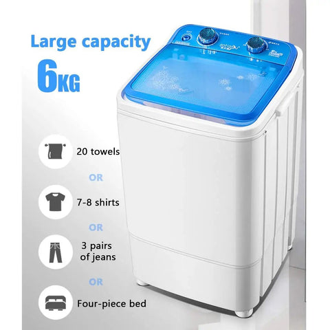 Compact Portable Washer Machine With Timer Dial Single Tub Laundry Cycle Built For Apartments Rv Dorms Easy Spin Dry 6kg Capacity lightweight design showing blue lid and large capacity details