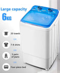 Total Game Changer Portable Washing Machine 6kg Compact Clothes Washer For Apartment Dorm RV Camping Zero Hassle Space Saving Laundry With Drain Hose Attached with blue lid and large capacity.
