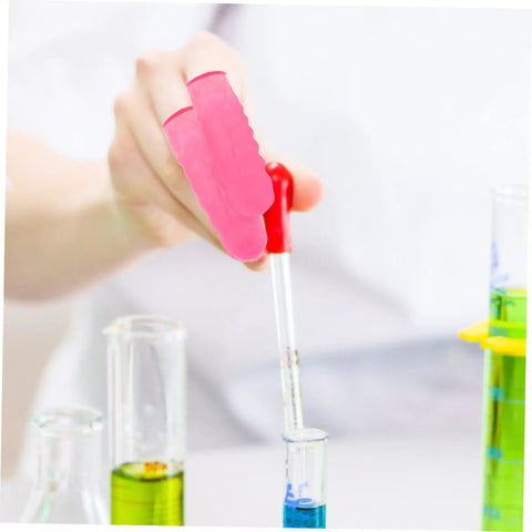 No Sweat Finger Shields Durable Anti Static Pink Latex Covers for Joint Relief and Cracked Skin Repair used in a lab setting.