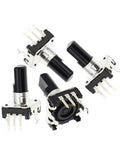 Four EC12 360 Degree Rotary Encoders with RE12 3 Pin 24 Bit Pushbutton Switches, 15mm Handle, in various angles for Arduino projects.