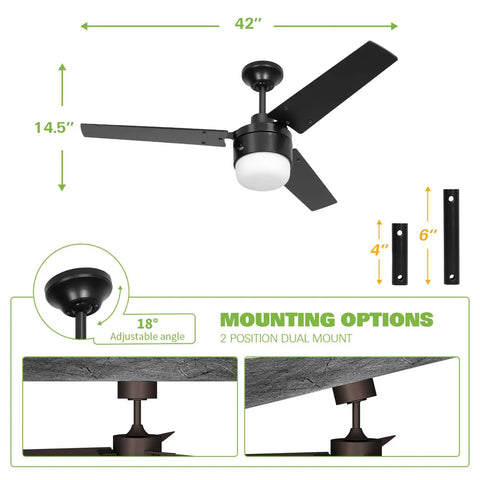 42 Inch Ceiling Fan With Lights, Remote Control, Quiet Reversible Motor, E26 Base, Bulb Not Included, Black Finish