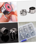 Two Piece Bobbin Case Set For Sewing Machines, Handy Replacement For Old Or Broken Cases, shown in various views and storage box