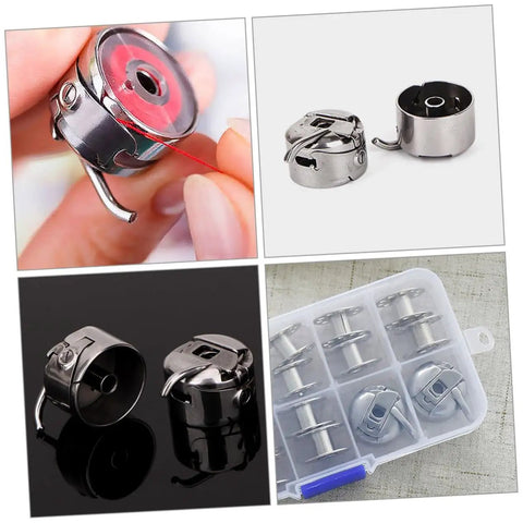 Two Piece Bobbin Case Set For Sewing Machines, Handy Replacement For Old Or Broken Cases, shown in various views and storage box