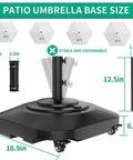 Heavy Duty 100Lb Umbrella Base With Four Locking Wheels, Windproof Mobile Square Stand, dimension details and compatibility.