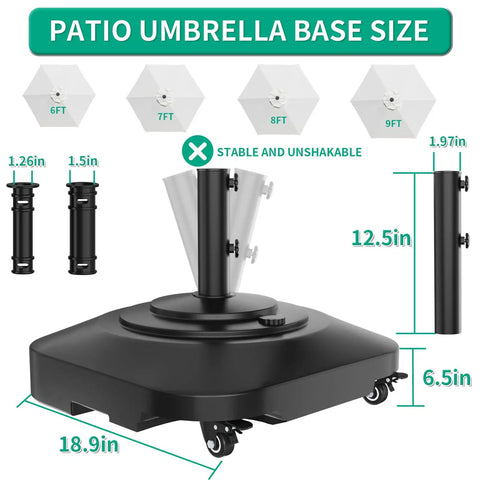 Heavy Duty 100Lb Umbrella Base With Four Locking Wheels, Windproof Mobile Square Stand, dimension details and compatibility.