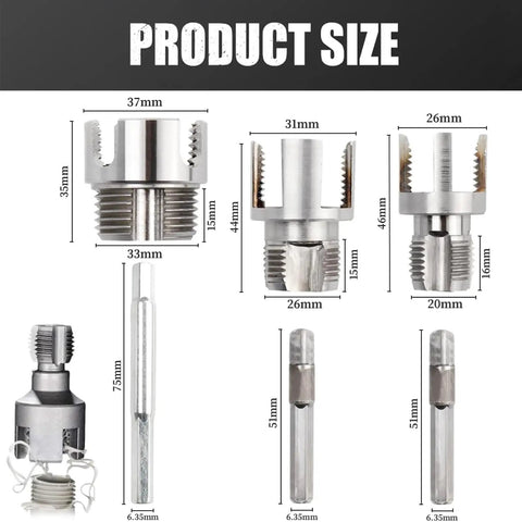 Three Piece Internal And External Pipe Threading Tool Set For One Half, Three Quarter, And One Inch PVC Pipes, Electric Drill Compatible Pipe Threader Kit For Home Repair And DIY Projects showing product sizes.