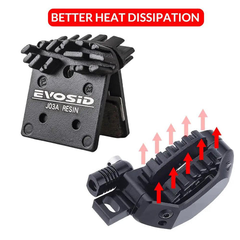 Beefy Resin Mountain Bike Brake Pads With Metal Cooling Built For Serious Stopping Power And Heat Dissipation Compatible With Shimano XT SLX XTR M785 M675 M6000 M7000 M8000 M9000 Series Great For Tough Trails showcasing better heat dissipation with red arrows indicating airflow.