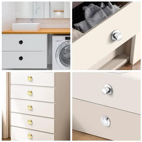 8Pcs Retractable Embedded Spring Knobs Hidden Pulls For Doors Tatami Drawers And Cabinets Space Saving Sleek Low Profile Handles in 1.34 Inch Bright Chrome installed on cabinets and drawers