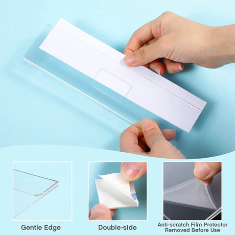 Hands holding clear acrylic wall name plate holder with adhesive, shown with double sided foam tape for office use, size 2x8 inches.