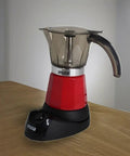Kickstart Your Day With This Dope Compact Electric Espresso Coffee Maker Featuring A Seriously Cool Touch Handle And Versatile 3 6 Cup Capacity For Quick Perky Shots In Bold Red on wooden countertop.