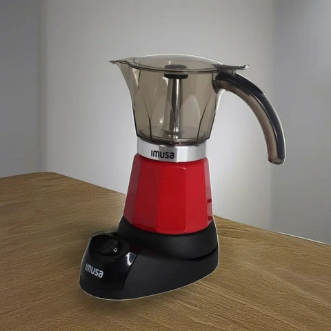 Kickstart Your Day With This Dope Compact Electric Espresso Coffee Maker Featuring A Seriously Cool Touch Handle And Versatile 3 6 Cup Capacity For Quick Perky Shots In Bold Red on wooden countertop.