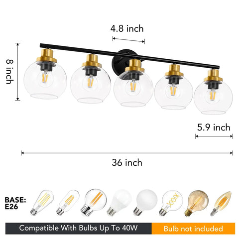 Mid Century Modern Bathroom Vanity Light Fixture With Clear Globe Glass Shades Five Light Black And Brass Gold Wall Sconce