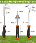 Three In One Weed Puller Tool Set With Ergonomic Handle And Stainless Steel Heads For Weeding Uprooting And Root Digging In Gardens Lawns Patios Driveways And Paving Stones displayed with measurements.