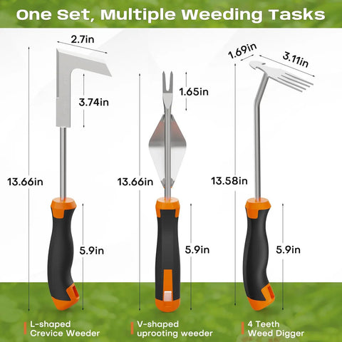 Three In One Weed Puller Tool Set With Ergonomic Handle And Stainless Steel Heads For Weeding Uprooting And Root Digging In Gardens Lawns Patios Driveways And Paving Stones displayed with measurements.