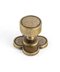 Top Shelf Antique Brass Cabinet Knobs With Quatrefoil Backplate vintage drawer pull close-up view, solid zinc alloy, 30mm size.