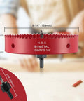 Front view of red 6-1/4 inch H.S.S. bi-metal hole saw with hex shank adapter for recessed lighting