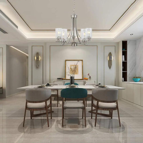Traditional 5 Light Chandelier In Brushed Nickel With Clear Glass Shades illuminating modern dining room