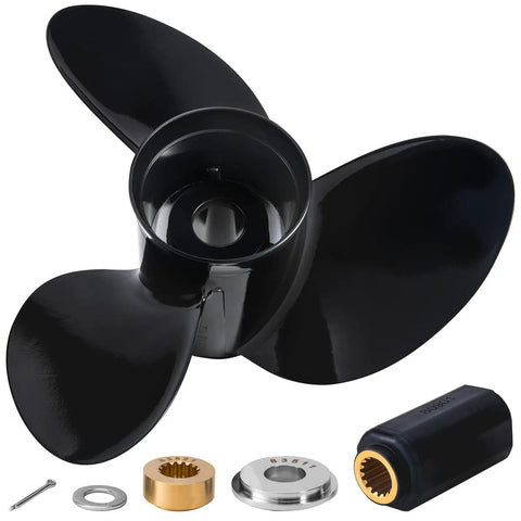 Beefed-Up 16X18.5 Inch Aluminum Outboard Propeller For Suzuki DT DF 150-300HP, shown with components