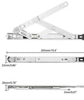Dimensions of the 4 Pack 10 Inch Casement Window Hinges and Concealed Friction Stays in Stainless Steel, showing length, width, and thickness.