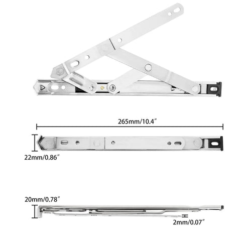 Dimensions of the 4 Pack 10 Inch Casement Window Hinges and Concealed Friction Stays in Stainless Steel, showing length, width, and thickness.