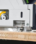 Pro Shop Ready Track Saw Delivering Heavy Duty Performance With 1200 Watt Motor And Hella Precise Negative One To Forty Seven Degree Bevel Cuts Plus Smooth Operation Guide Rail System close-up of cutting edge on plank