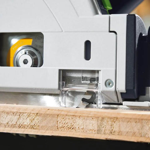 Pro Shop Ready Track Saw Delivering Heavy Duty Performance With 1200 Watt Motor And Hella Precise Negative One To Forty Seven Degree Bevel Cuts Plus Smooth Operation Guide Rail System close-up of cutting edge on plank