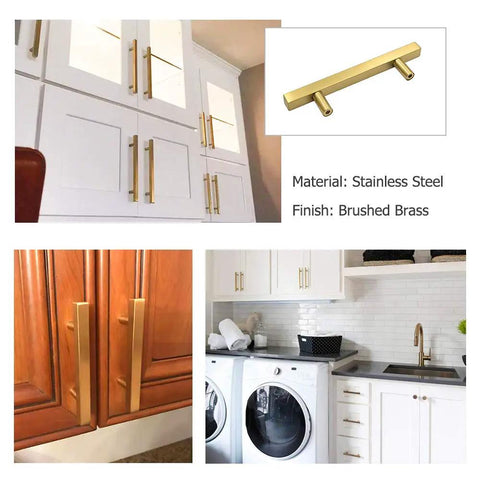 Big Time Upgrade Slick Brushed Gold Drawer Pulls 25 Pack Square T Bar Cabinet Handles For Kitchen And Closet Cupboards 3 Inch Hole Center Heavy Duty Hardware Set on modern cabinets.