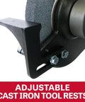 Tough As Nails 8 Inch Bench Grinder With 3600 Rpm And One Horsepower featuring an adjustable cast iron tool rest detail.