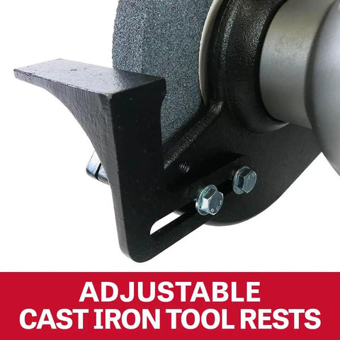 Tough As Nails 8 Inch Bench Grinder With 3600 Rpm And One Horsepower featuring an adjustable cast iron tool rest detail.