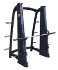 Pro Clubline Counter Balanced Smith Machine Featuring Heavy Duty Safety Stops built tough for hardcore home gym gainz, black steel rack.