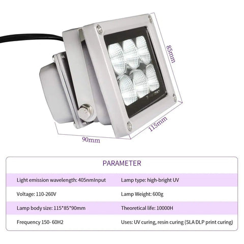 UV Resin Curing Light For 3D Printers SLA DLP LCD Models 405nm UV LED Lamp With 60W Output, dimensions and technical specs visible