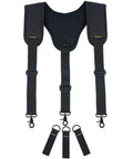 Padded Tool Belt Suspenders Three Point Support With Three Pack Loops, Adjustable Shoulder Clips, Nickel Plated Steel Hooks