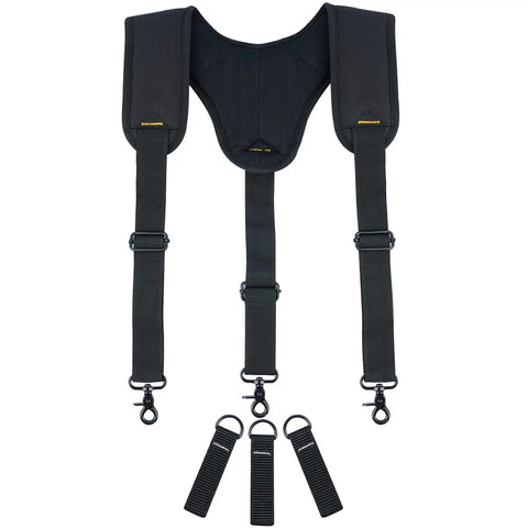 Padded Tool Belt Suspenders Three Point Support With Three Pack Loops, Adjustable Shoulder Clips, Nickel Plated Steel Hooks