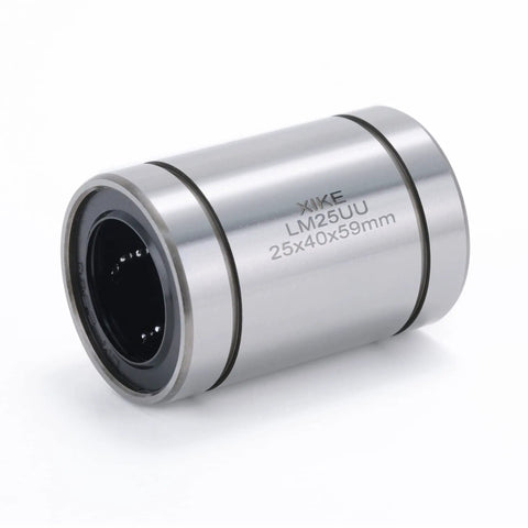 Close-up of a 2 Pcs LM25UU Linear Bearing For 25x40x59mm Shafts, chrome steel, used in CNC, 3D printers, low noise and friction.