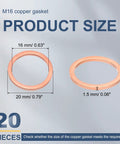 Premium Copper Flat Washers M16 20 Pack Heavy Duty Round Gaskets showing dimensions of 16mm and 20mm copper gaskets.