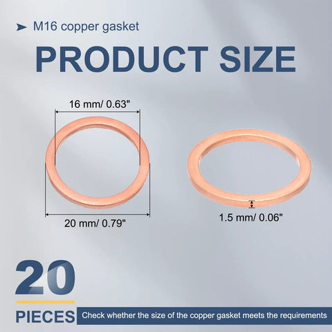 Premium Copper Flat Washers M16 20 Pack Heavy Duty Round Gaskets showing dimensions of 16mm and 20mm copper gaskets.